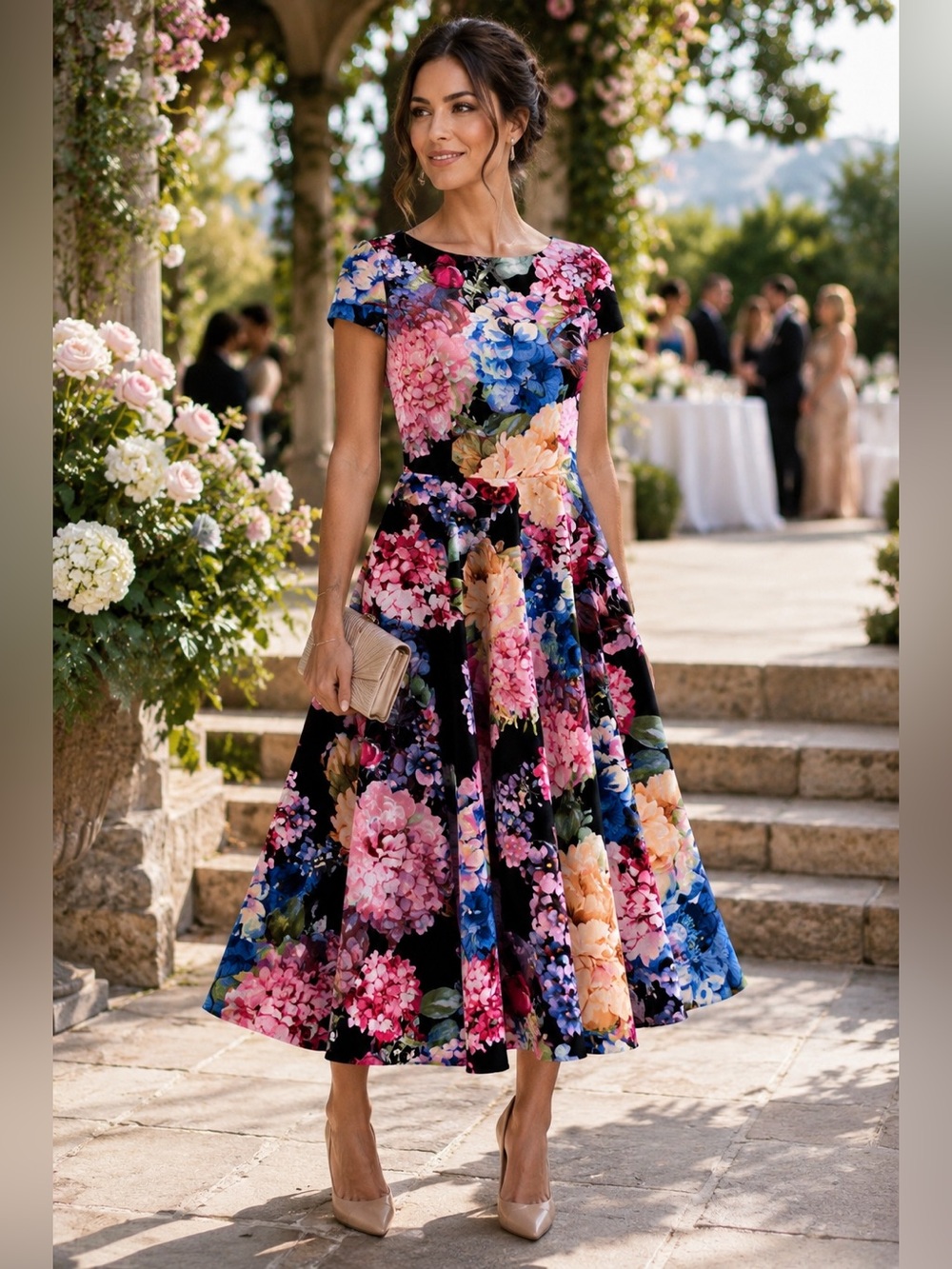 NWOT Marc Bouwer Unlimited Dress S Black Floral Fit Flare Midi Stretch Wedding